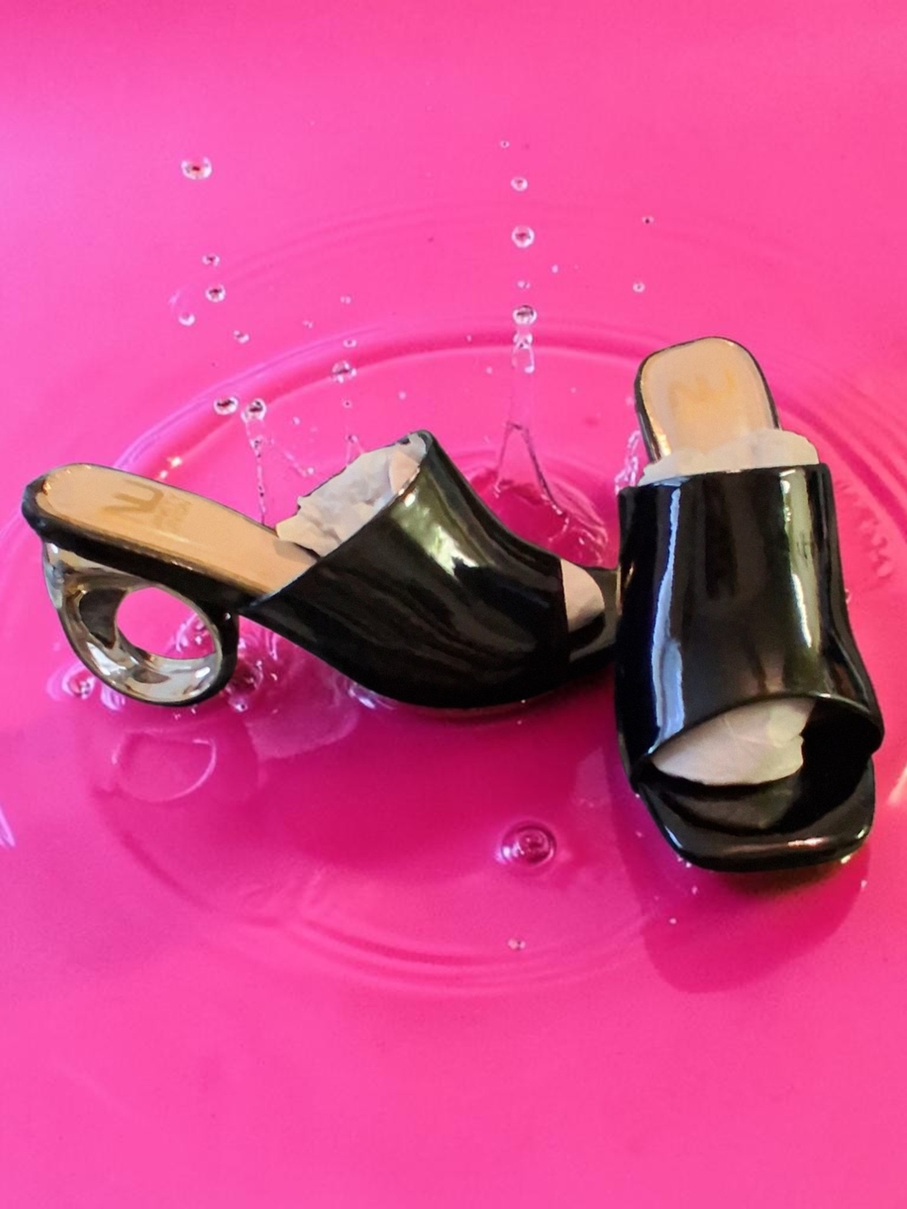 Ninety Union Black Patent Open-Toe Mule with Sculptural Silver Ring Heel Size 8